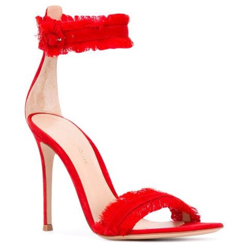 GIANVITO ROSSI Caribe 105 Red Satin Fringe Trim Accent Sandals Size 40.5 - Picture 6 of 16